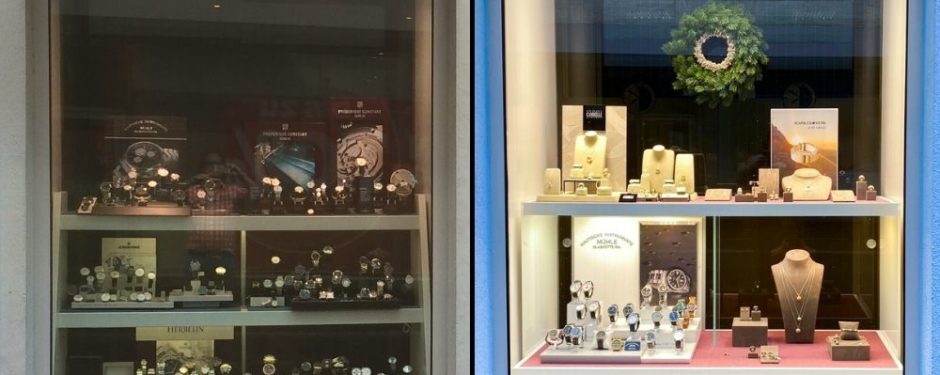 Schaufenster von Juwelier Horz, vorher und nachher