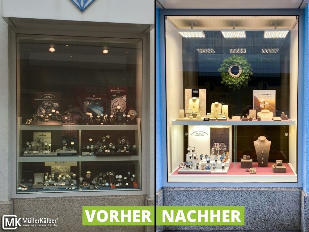 Schaufenster von Juwelier Horz, vorher und nachher