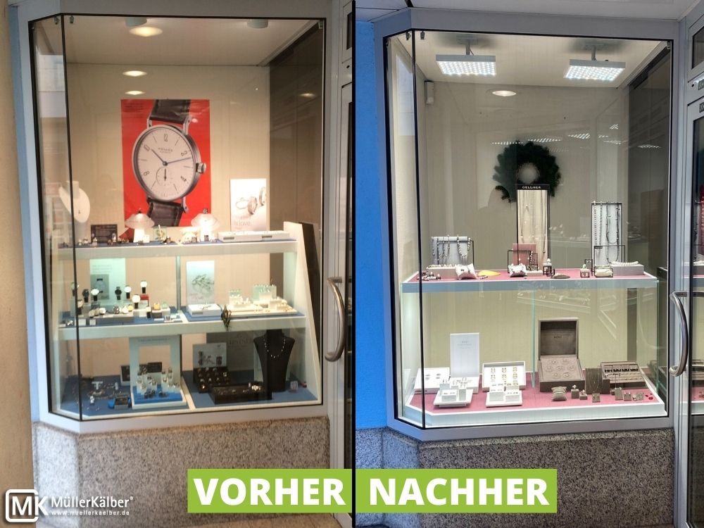 Schaufenster von Juwelier Horz, vorher und nachher