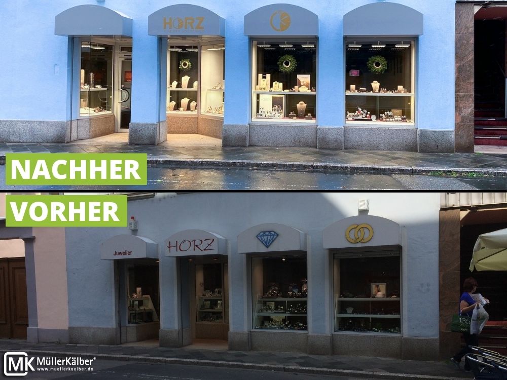 Schaufenster von Juwelier Horz, vorher und nachher, der Laden sieht nun geöffnet aus