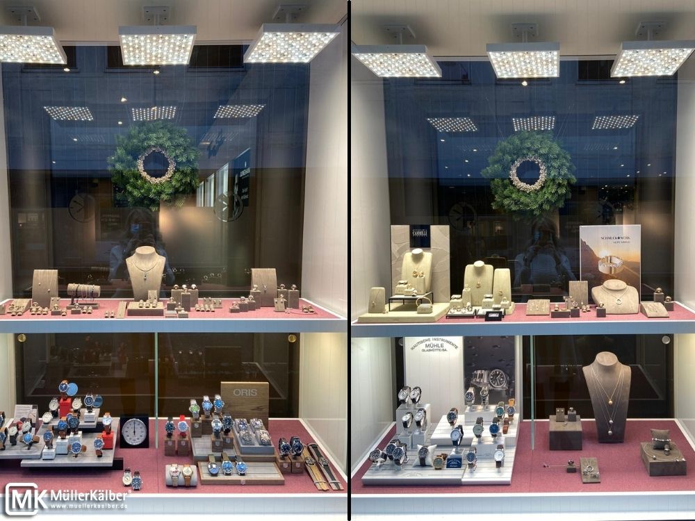 Optimale Beleuchtung im Schaufenster von Juwelier Horz mit MK OptiLight Window Modulen