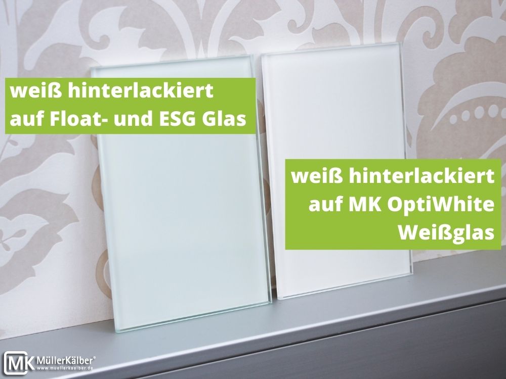 Hinterlackiertes MK OptiWhite und ESG-Glas im Vergleich