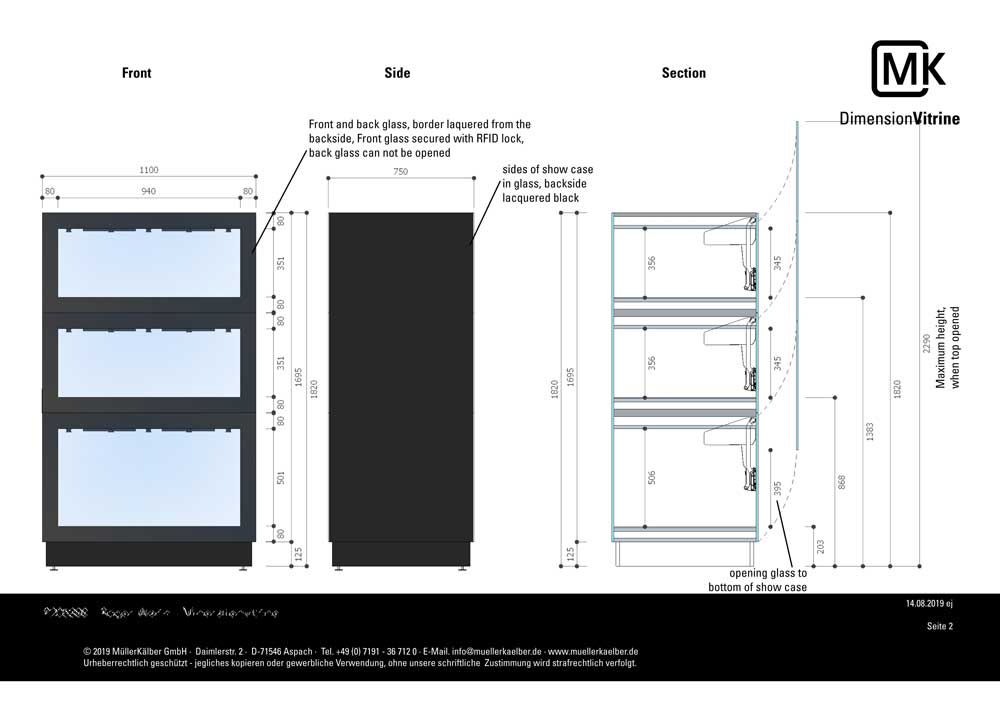 Sammlervitrine Ansichten und Schnitt